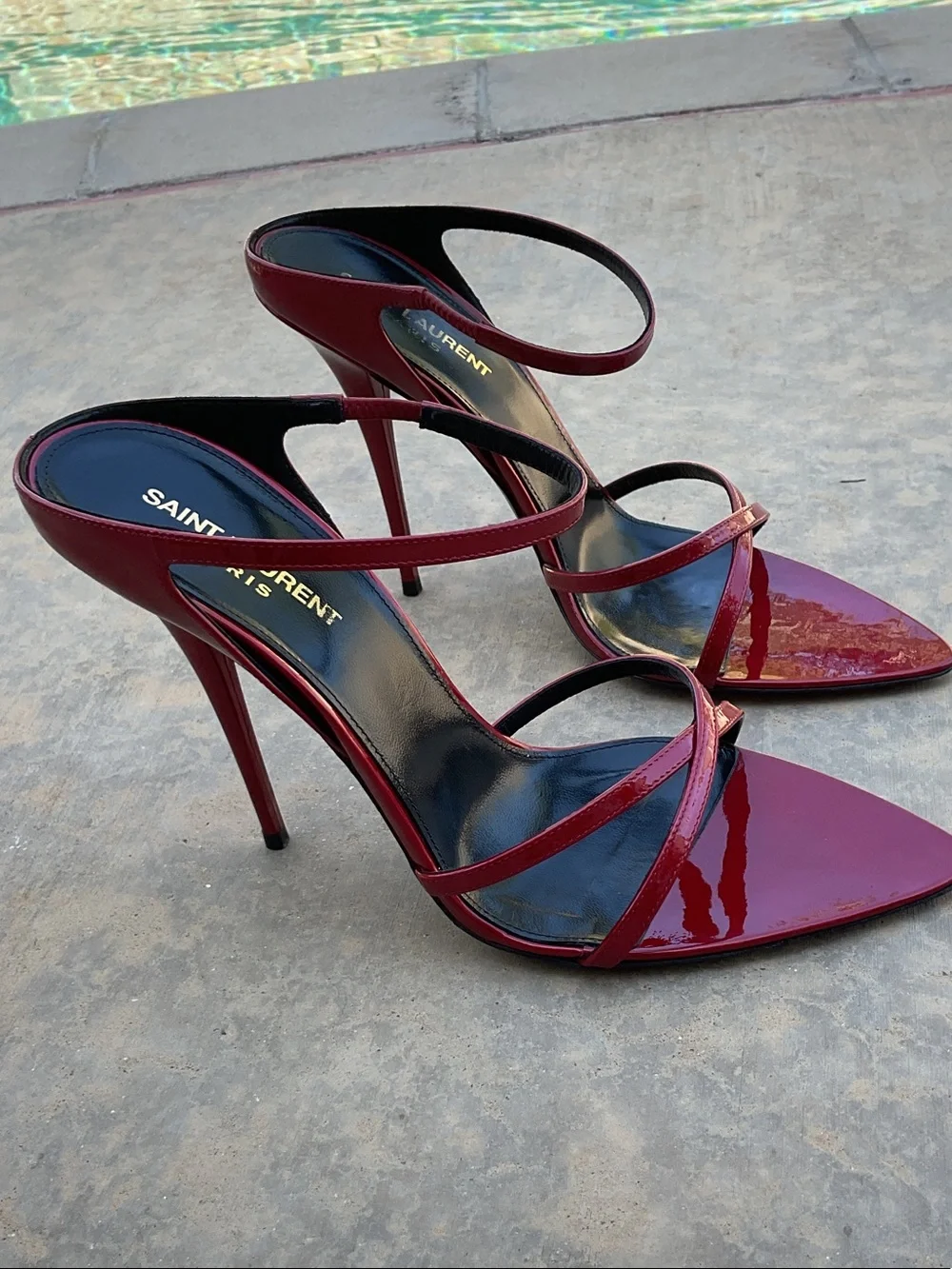 Saint Laurent Burgundy Patent Leather Strappy Pointed-Toe Heels - Picture 3 of 7